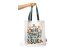 The bag has the words "Here comes the sun" written on it, and all around it is a bluish leafy vine with colorful figures in between.